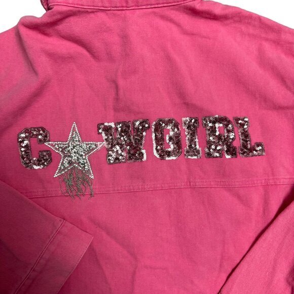 Fantastic Fawn Med Pink Denim Cowgirl Sequin Button Down‎ Raw Hem Barbie Jacket - Picture 9 of 12